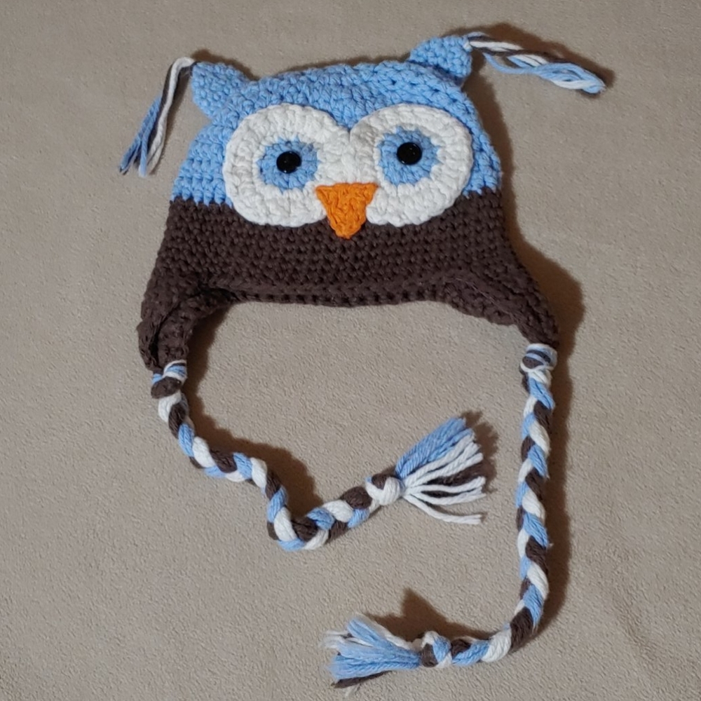 Crocheted owl baby boy 6-9 mth hat